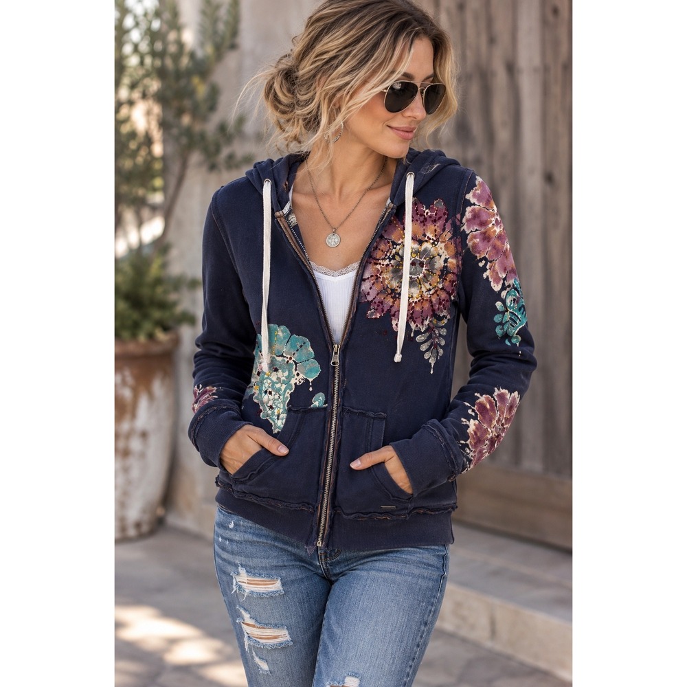 Miss Me Floral Graphic Zip Hoodie Women's L Navy Boho Y2K Embellished